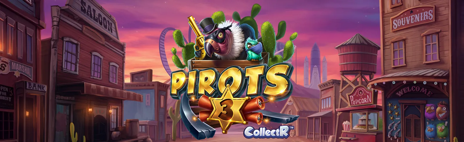 Pirots 3 banner – hovedgaten i en Wild West-by med saloon, bank og popcornvogn